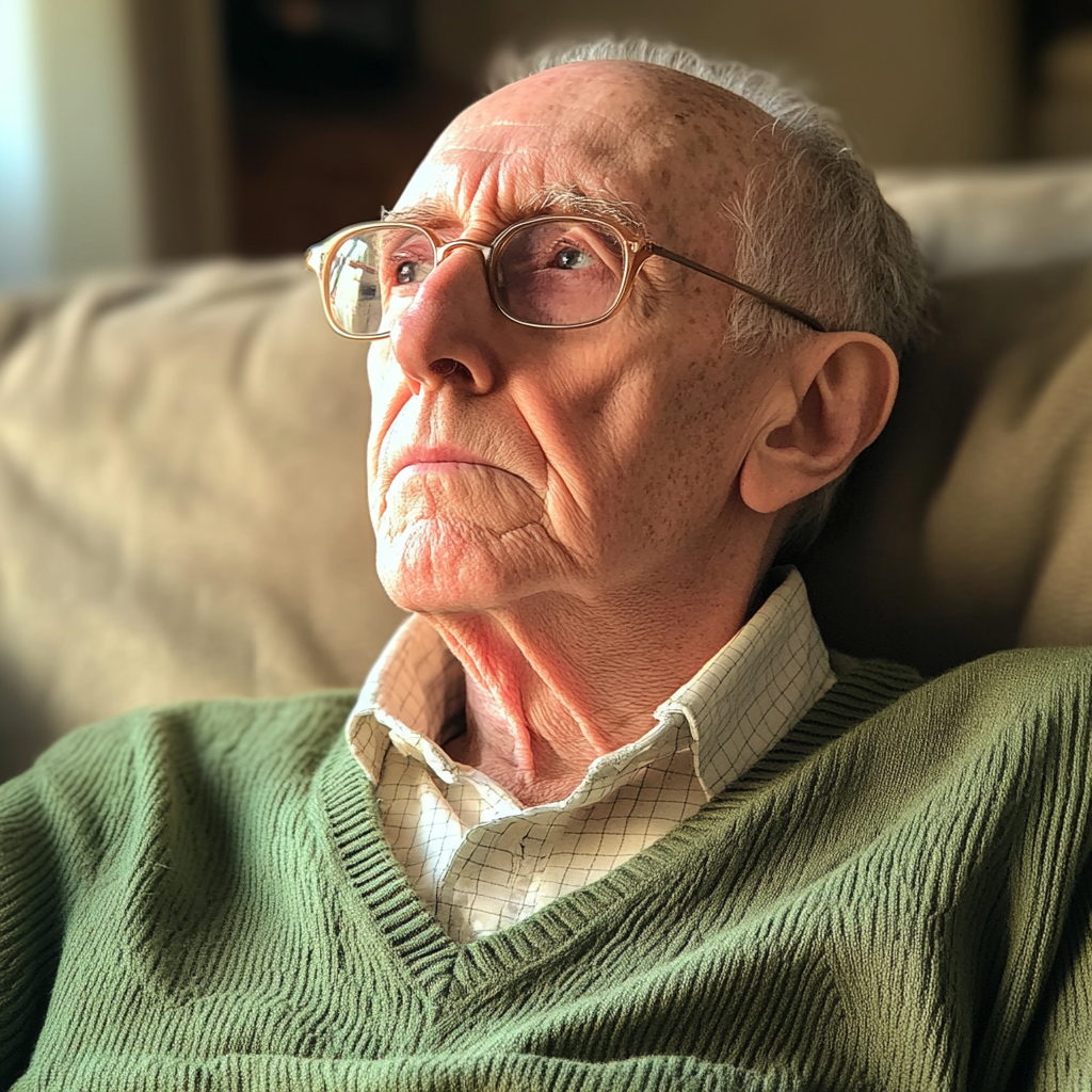An old man sitting on a couch | Source: Midjourney