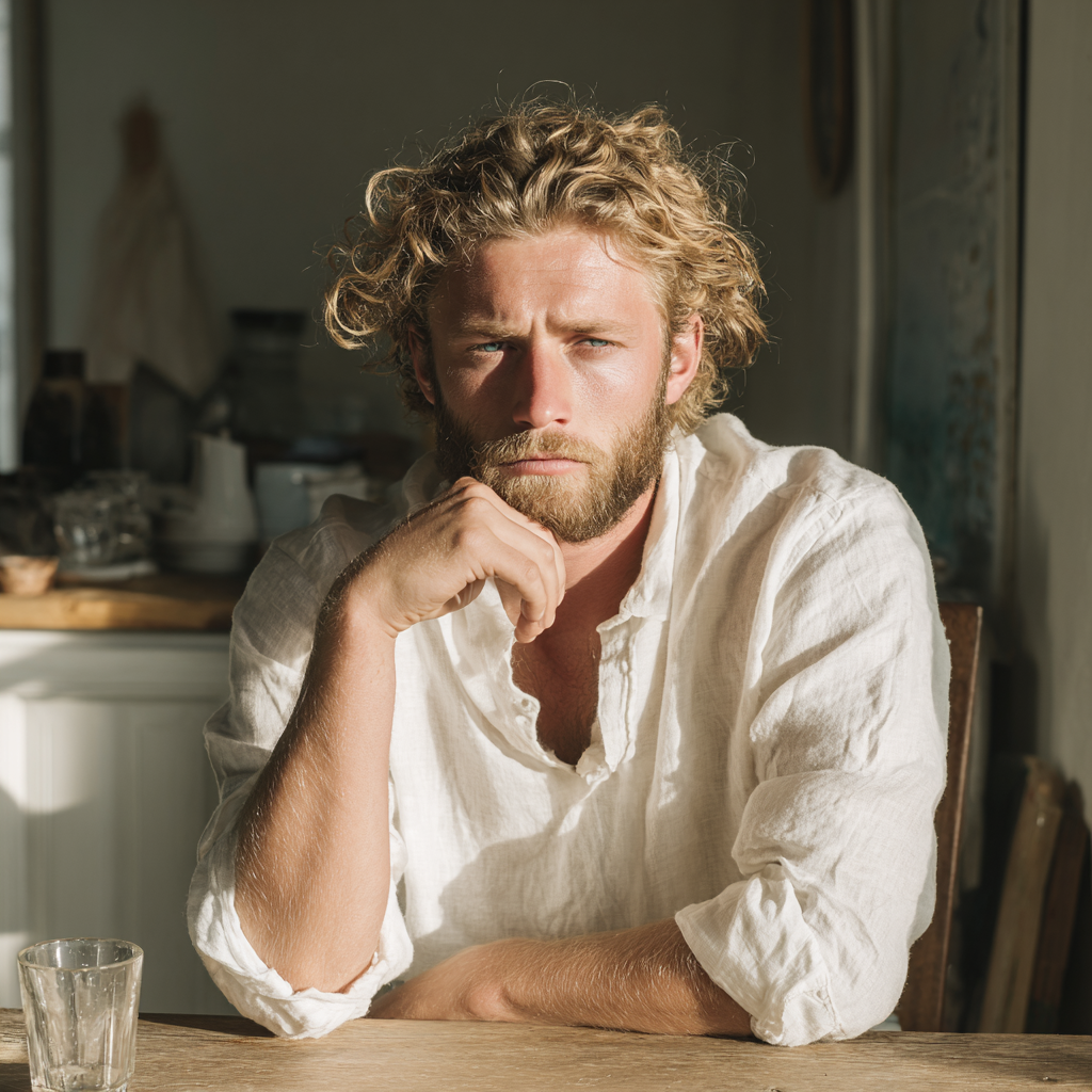 A frowning man wearing a white linen shirt | Source: Midjourney