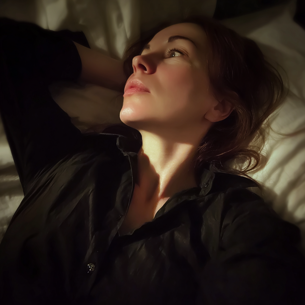A woman laying in her bed at night | Source: Midjourney