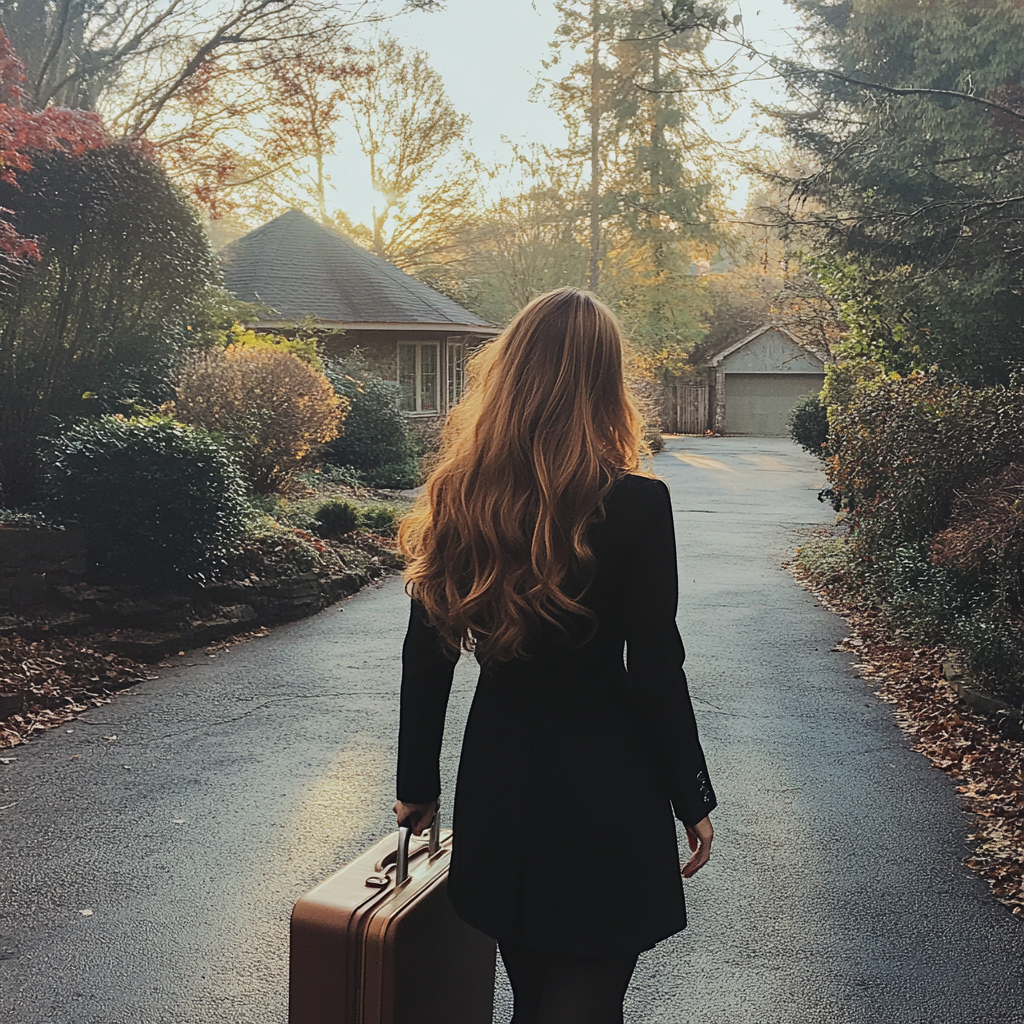 A woman walking down a driveway | Source: Midjourney