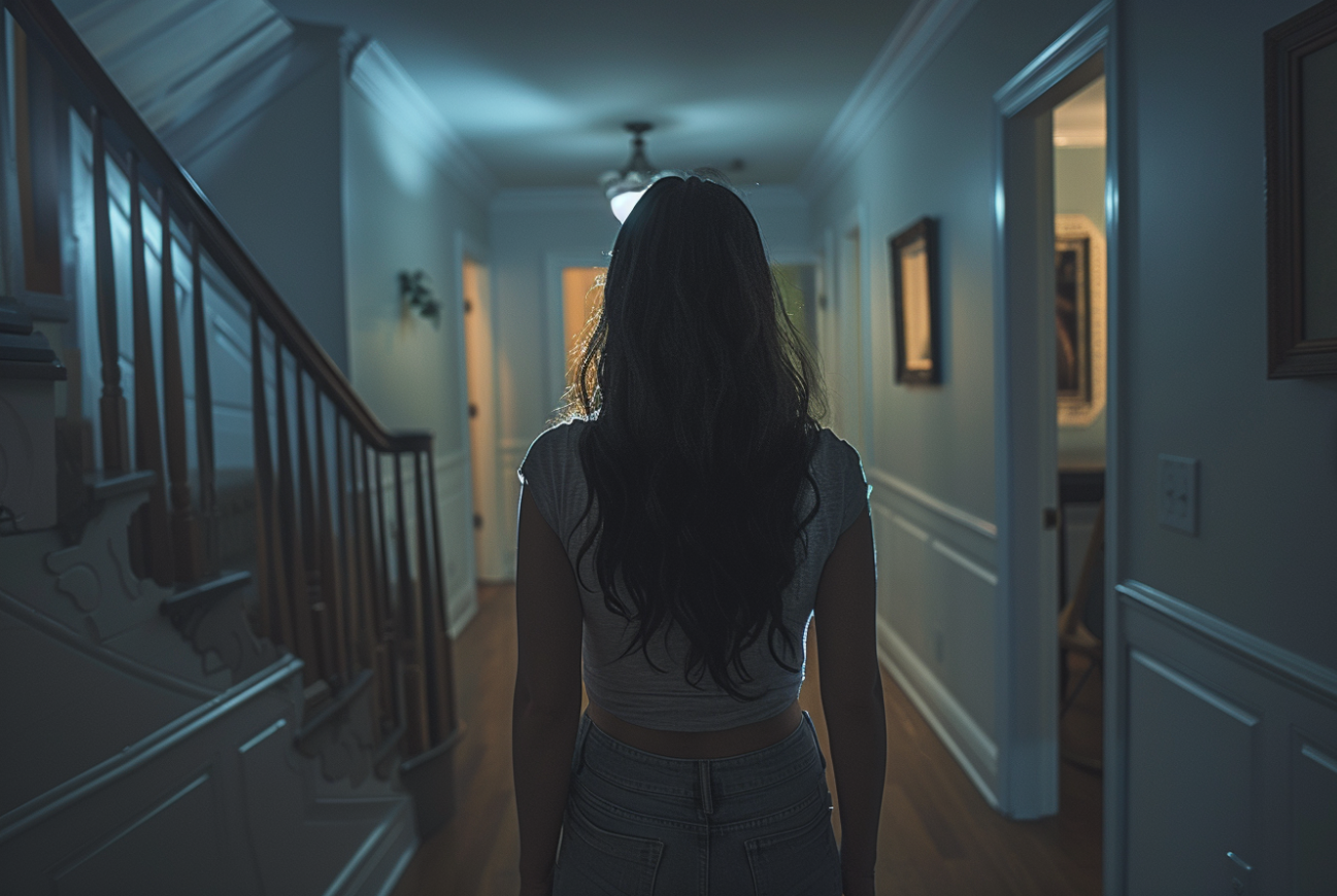 A woman standing in a hallway at night | Source: Midjourney