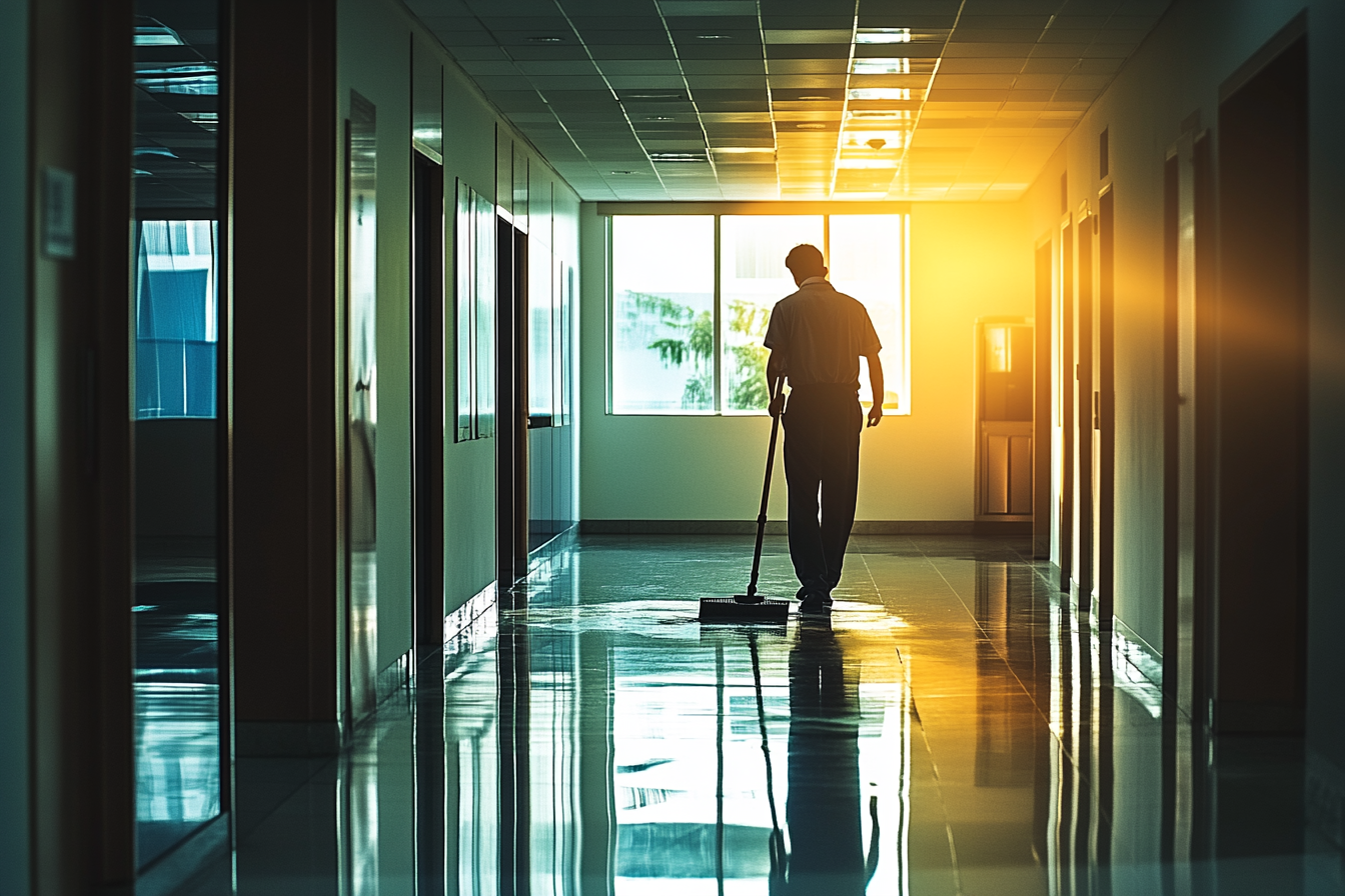 A janitor cleaning an office building | Source: Midjourney