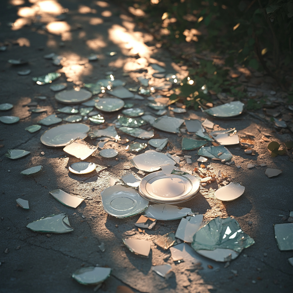 Broken ceramic plates on the driveway | Source: Midjourney