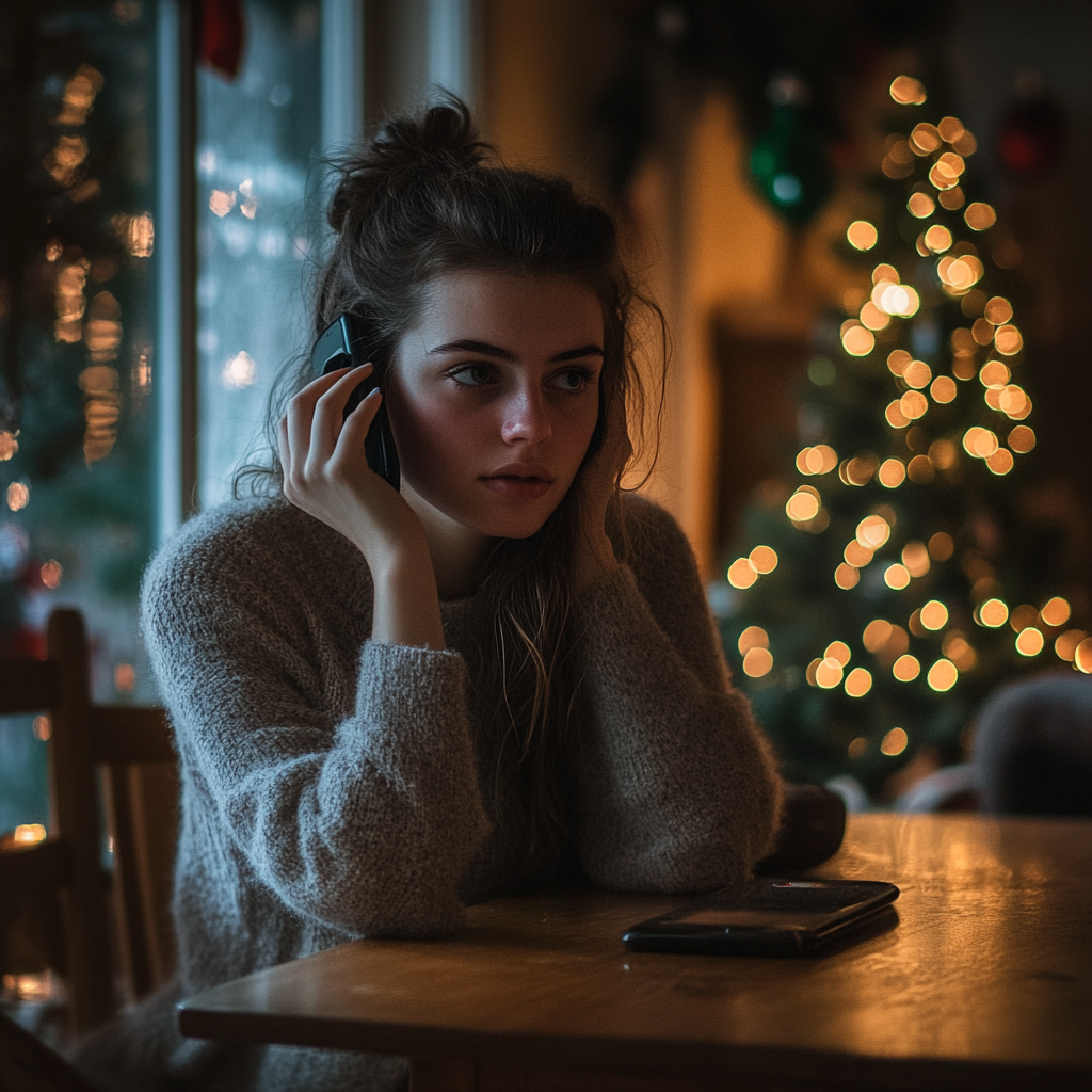 A nervous woman on her phone | Source: Midjourney