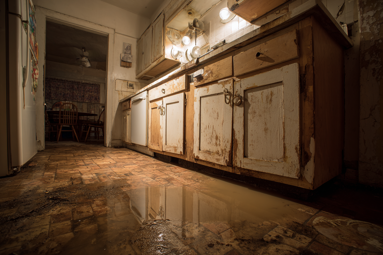 A puddle on the kitchen floor | Source: Midjourney
