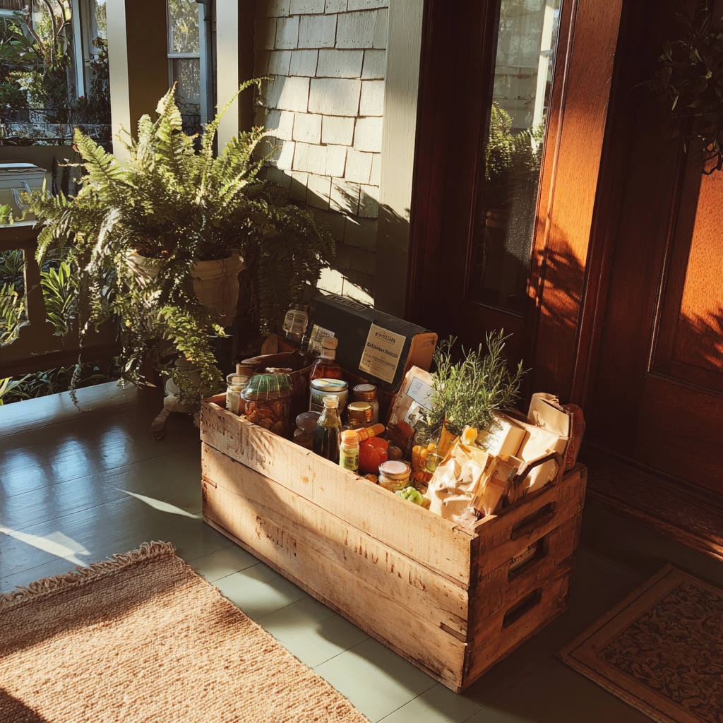 Groceries in a wooden crate on a front porch | Source: Midjourney