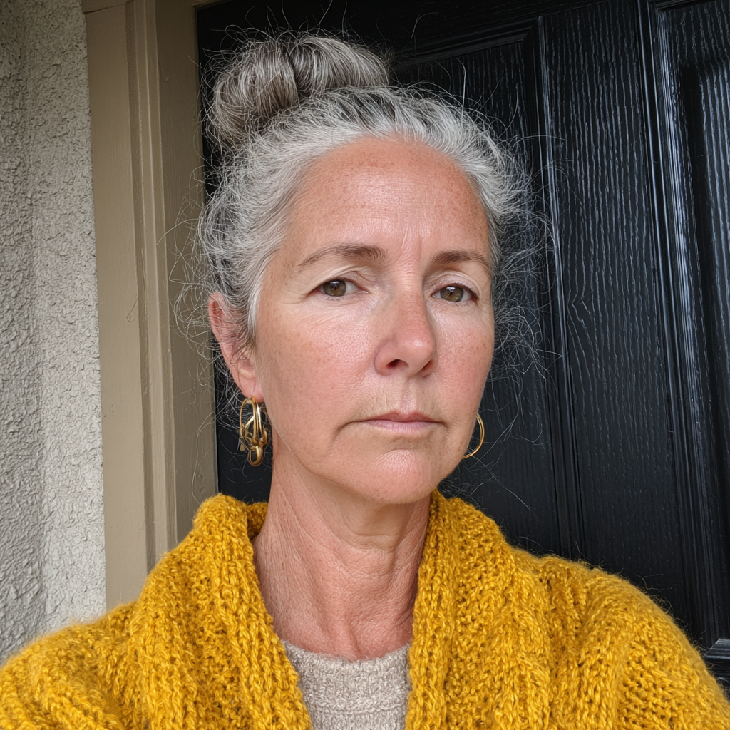 A stern old woman standing at a front door | Source: Midjourney