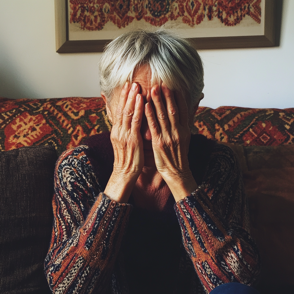 A woman holding her head | Source: Midjourney