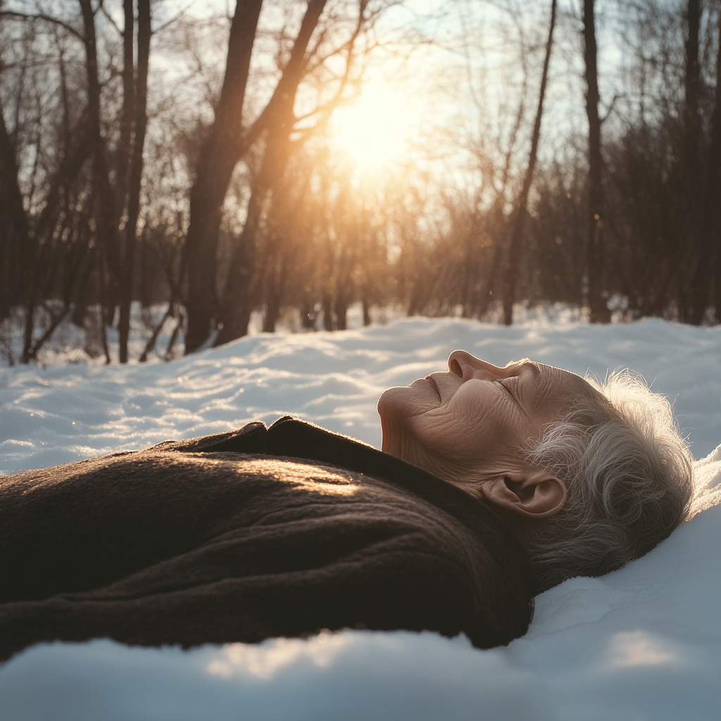 An older person lying on the snow on a chill morning | Source: Midjourney