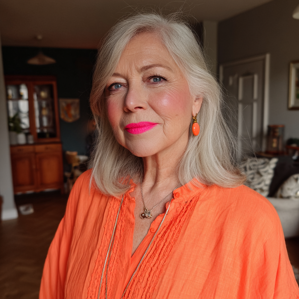 A smug old woman wearing an orange blouse | Source: Midjourney