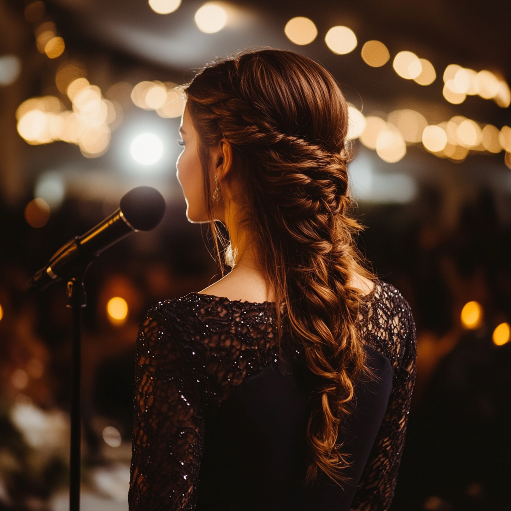 A woman standing at a microphone | Source: Midjourney