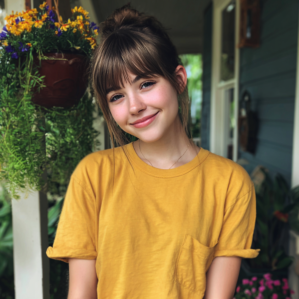A smiling teenage girl standing outside | Source: Midjourney