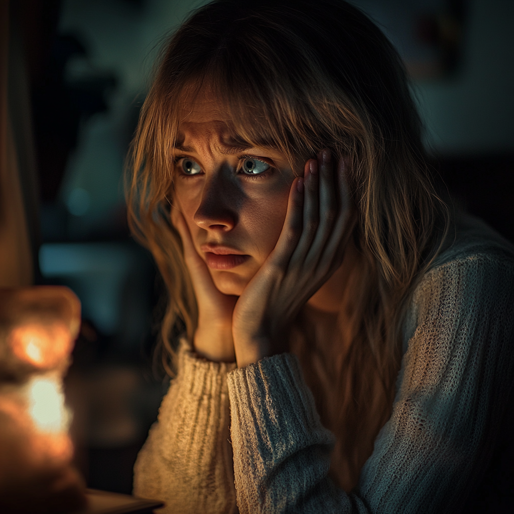 A stressed woman sitting with her hands on her cheeks | Source: Midjourney