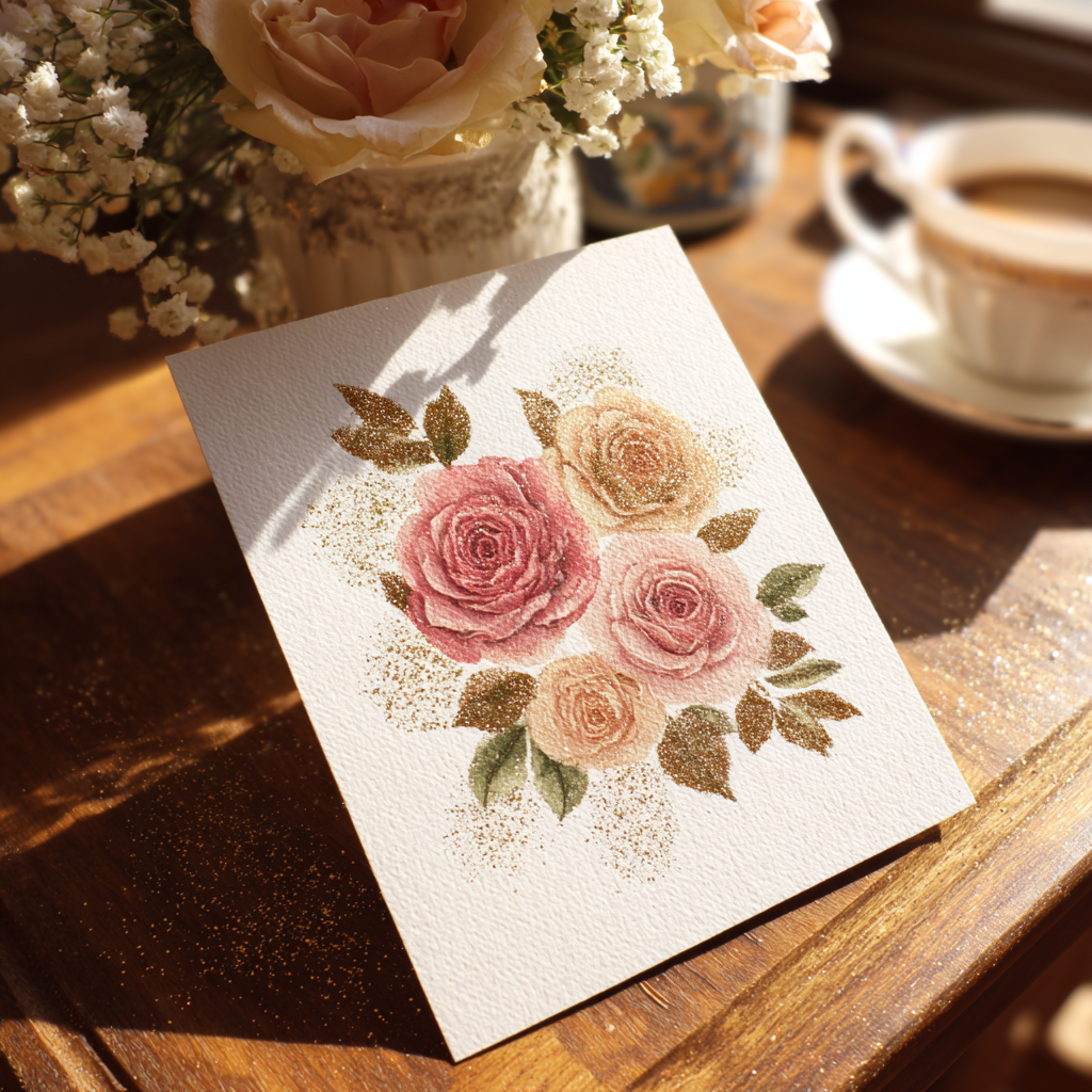 A glittery wedding card on a table | Source: Midjourney