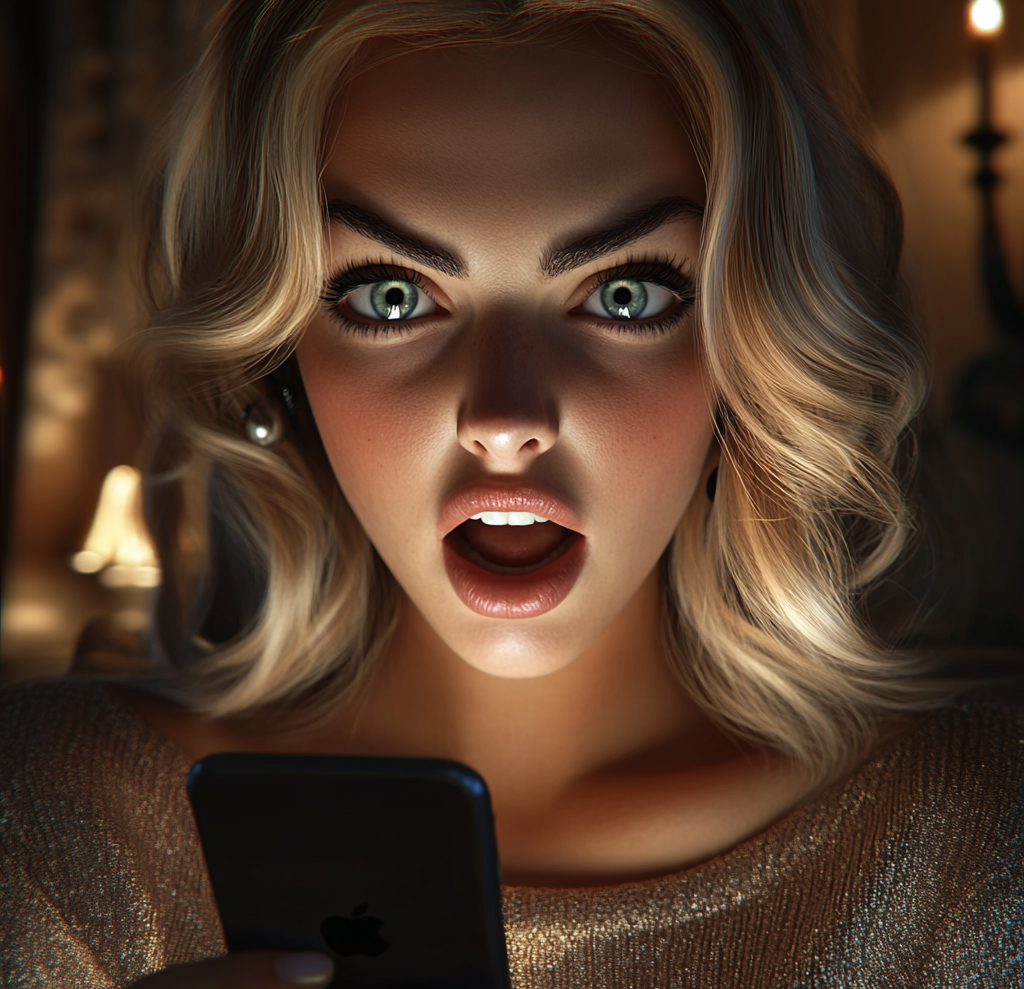 A startled woman holding her phone | Source: Midjourney