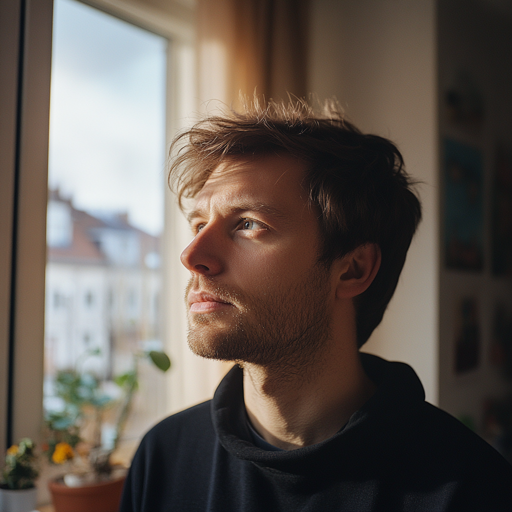 A man looking outside a window | Source: Midjourney