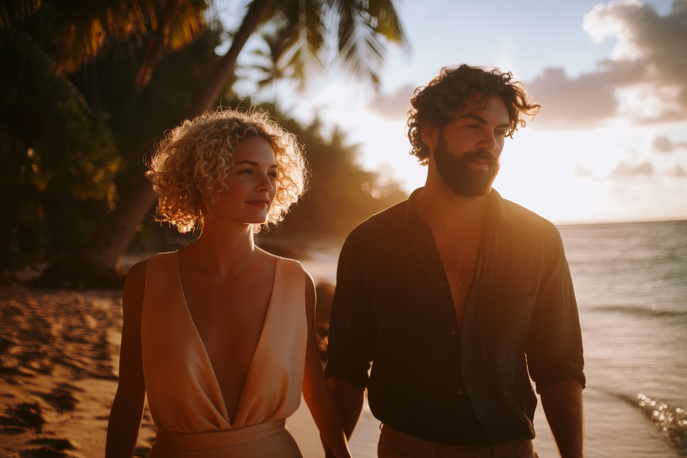 Una pareja paseando tranquilamente por la playa de una isla | Fuente: Midjourney