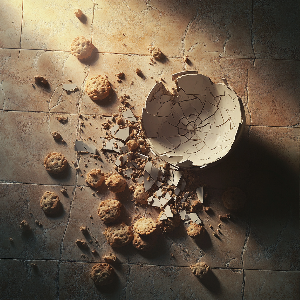 A broken ceramic bowl of cookies lying on the floor | Source: Midjourney