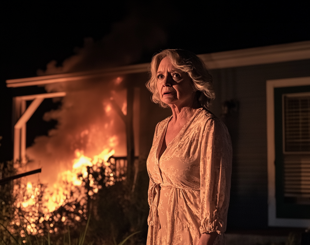 A woman standing outside a burning home | Source: Midjourney