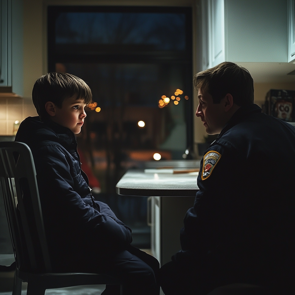 A boy talking to a policeman in the kitchen | Source: Midjourney