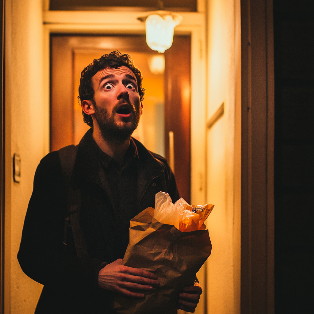 A shocked man with takeout bags | Source: Midjourney