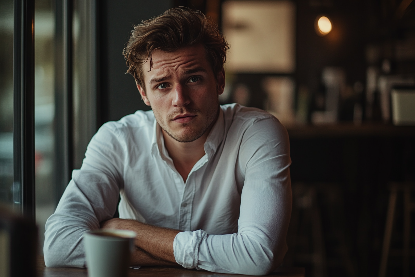 A man sitting at a coffee shop table, frowning | Source: Midjourney