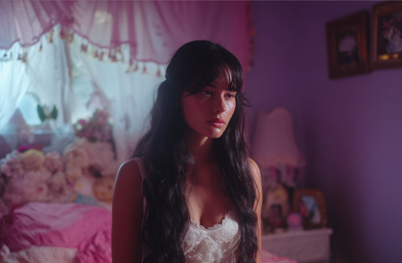 An emotional bride sitting in her childhood bedroom | Source: Midjourney