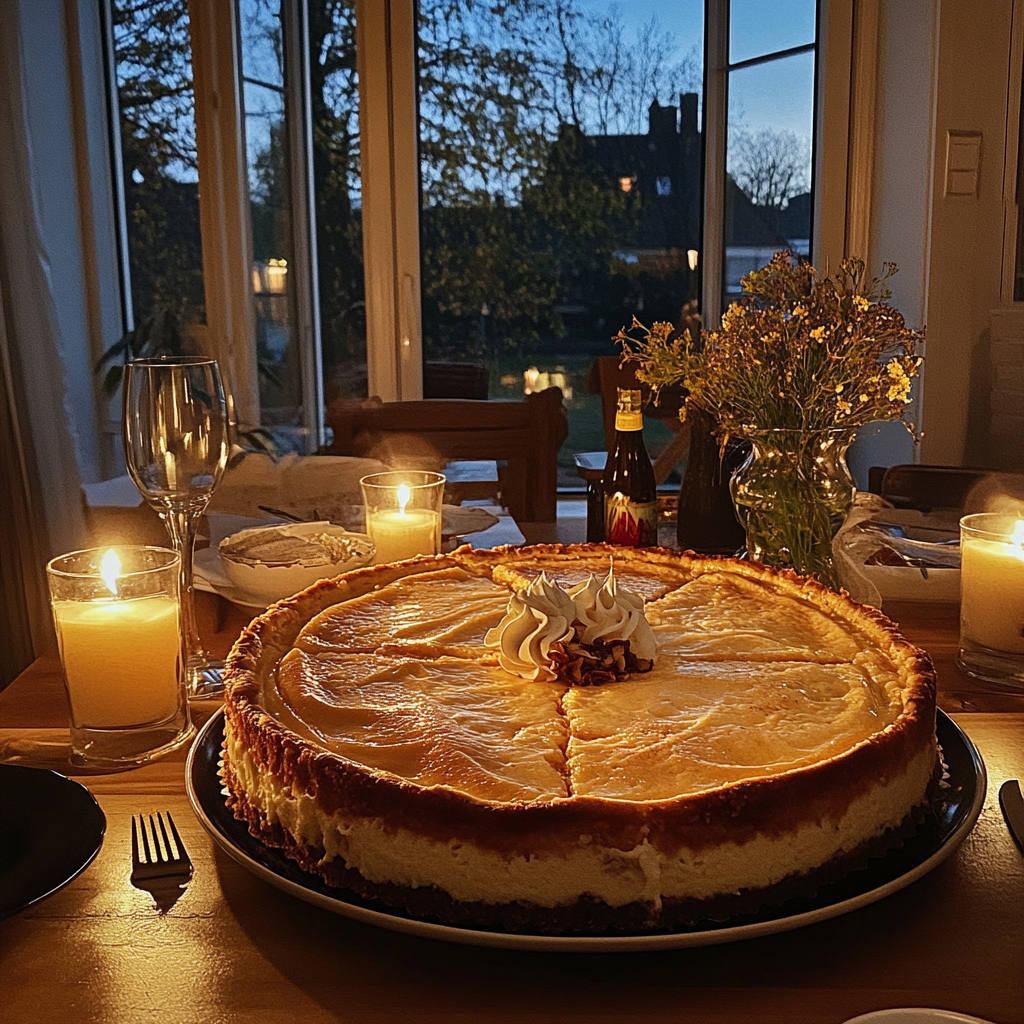 A cheesecake on a dinner table | Source: Midjourney