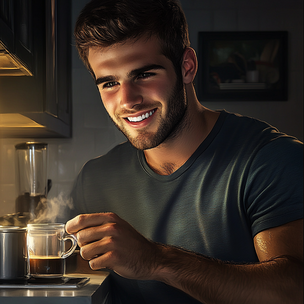 A cheerful man making coffee | Source: Midjourney