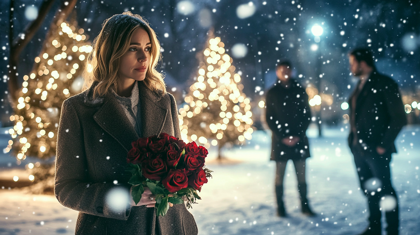 Woman holding a bunch of roses in the snowy-covered park while two men standing behind her | Source: Midjourney