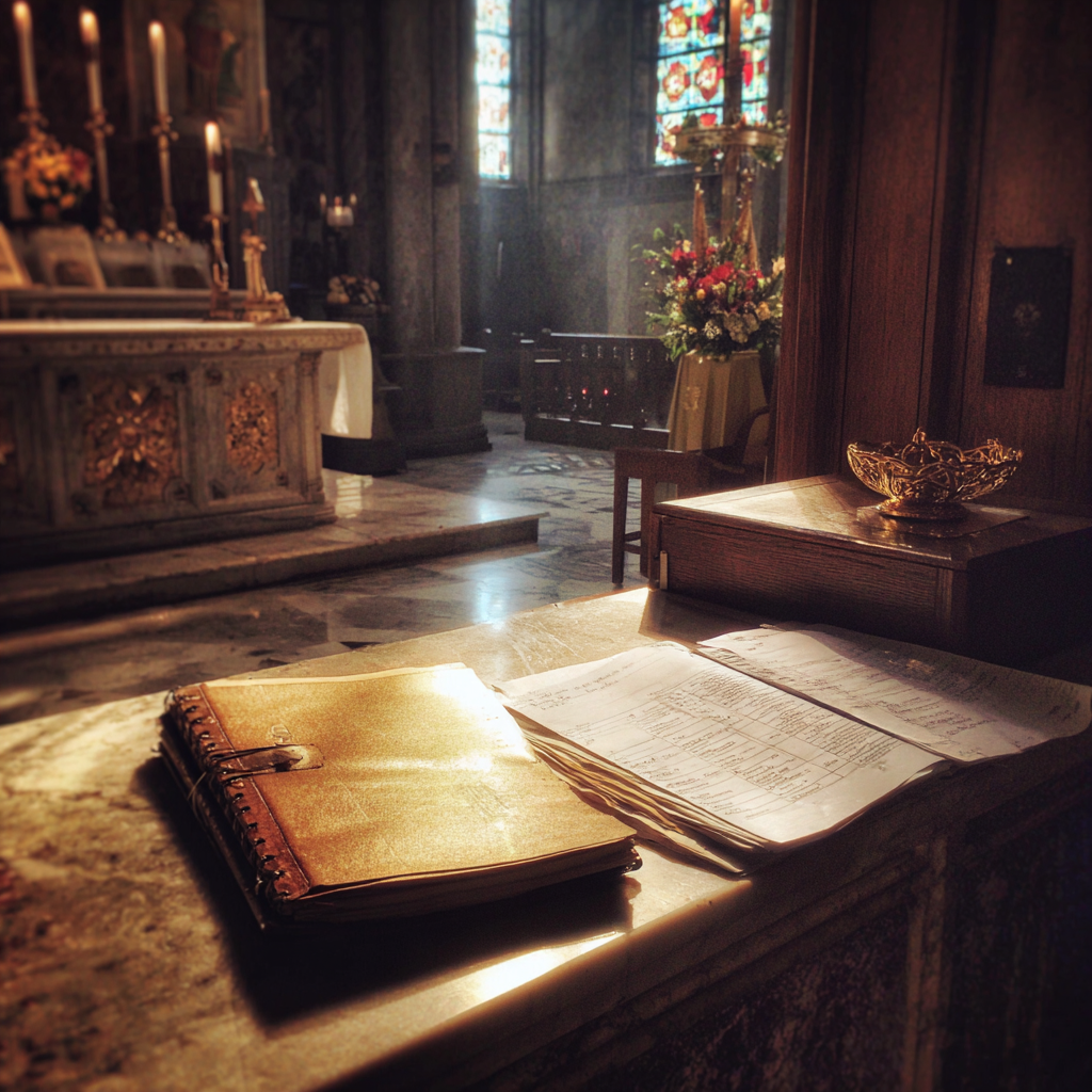 A folder and an open book on a church altar | Source: Midjourney