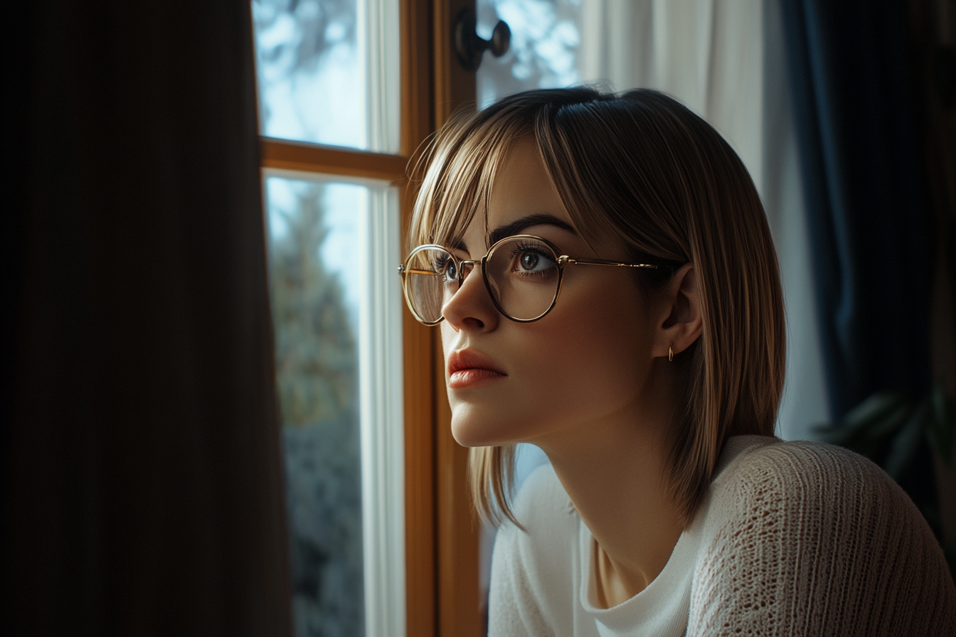 A woman looking outside a window | Source: Midjourney