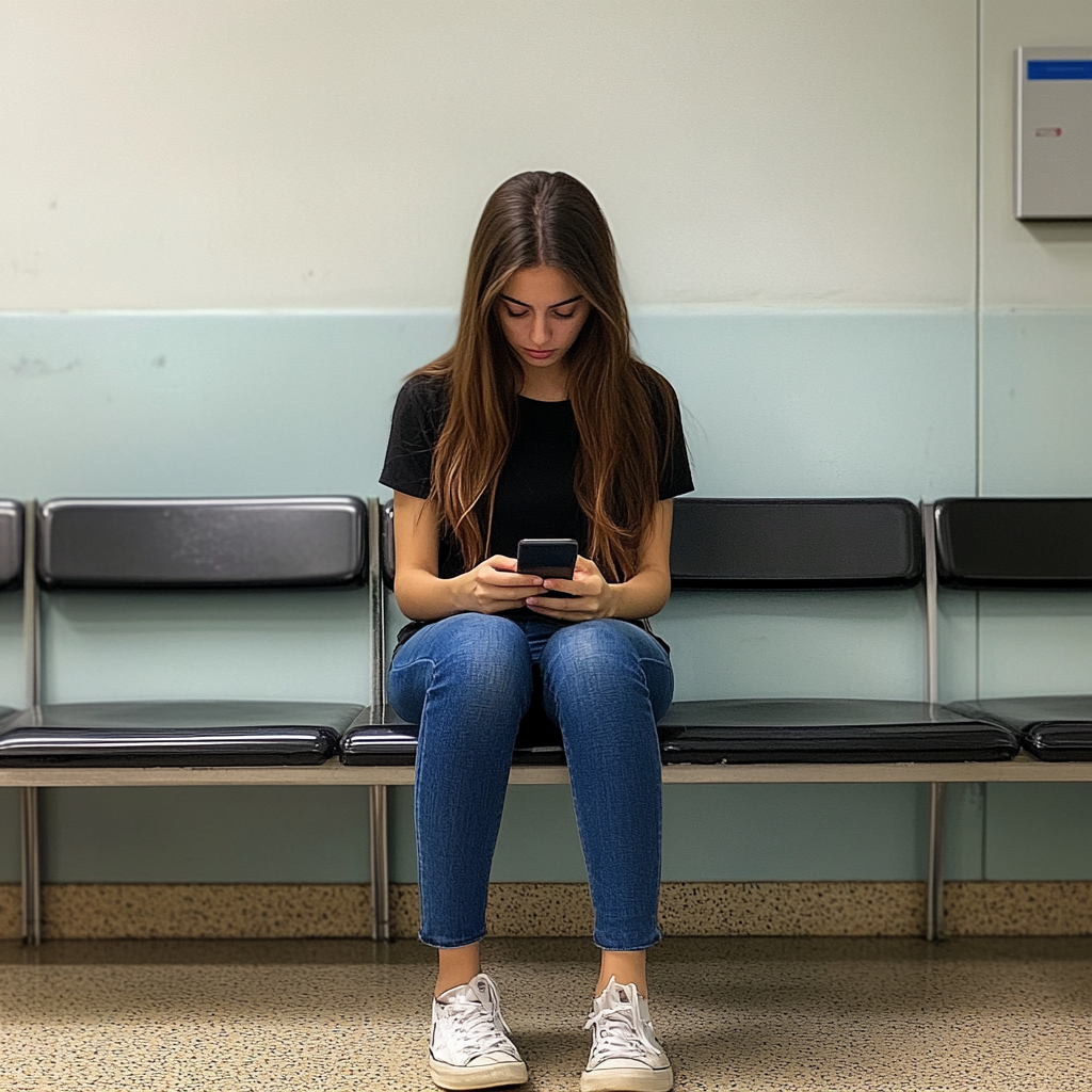 A woman sitting in a waiting room and typing | Source: Midjourney