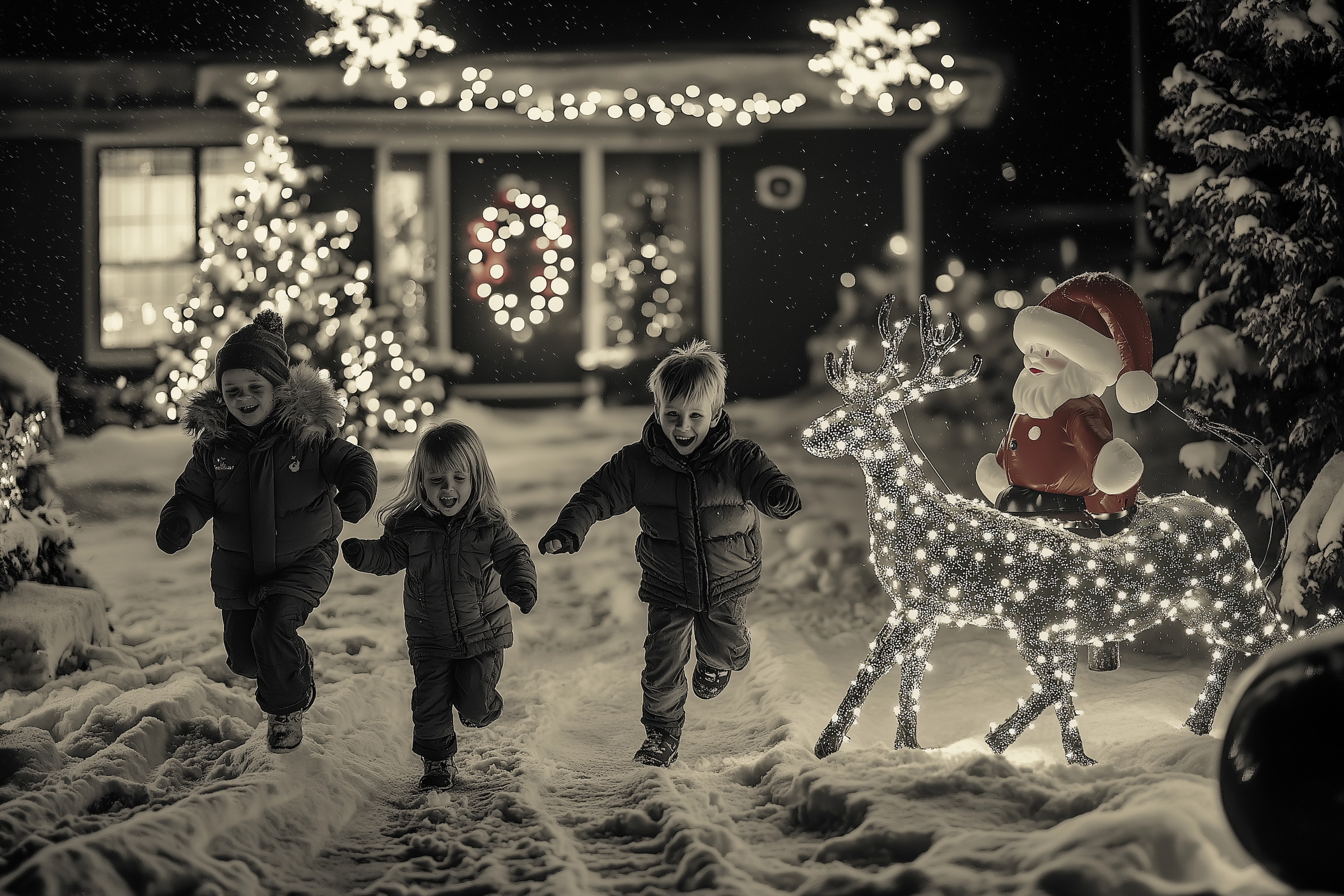 Three kids running through a snowy yard with Christmas decorations | Source: Midjourney