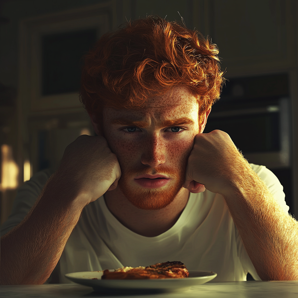 A troubled man seated at a dining table | Source: Midjourney