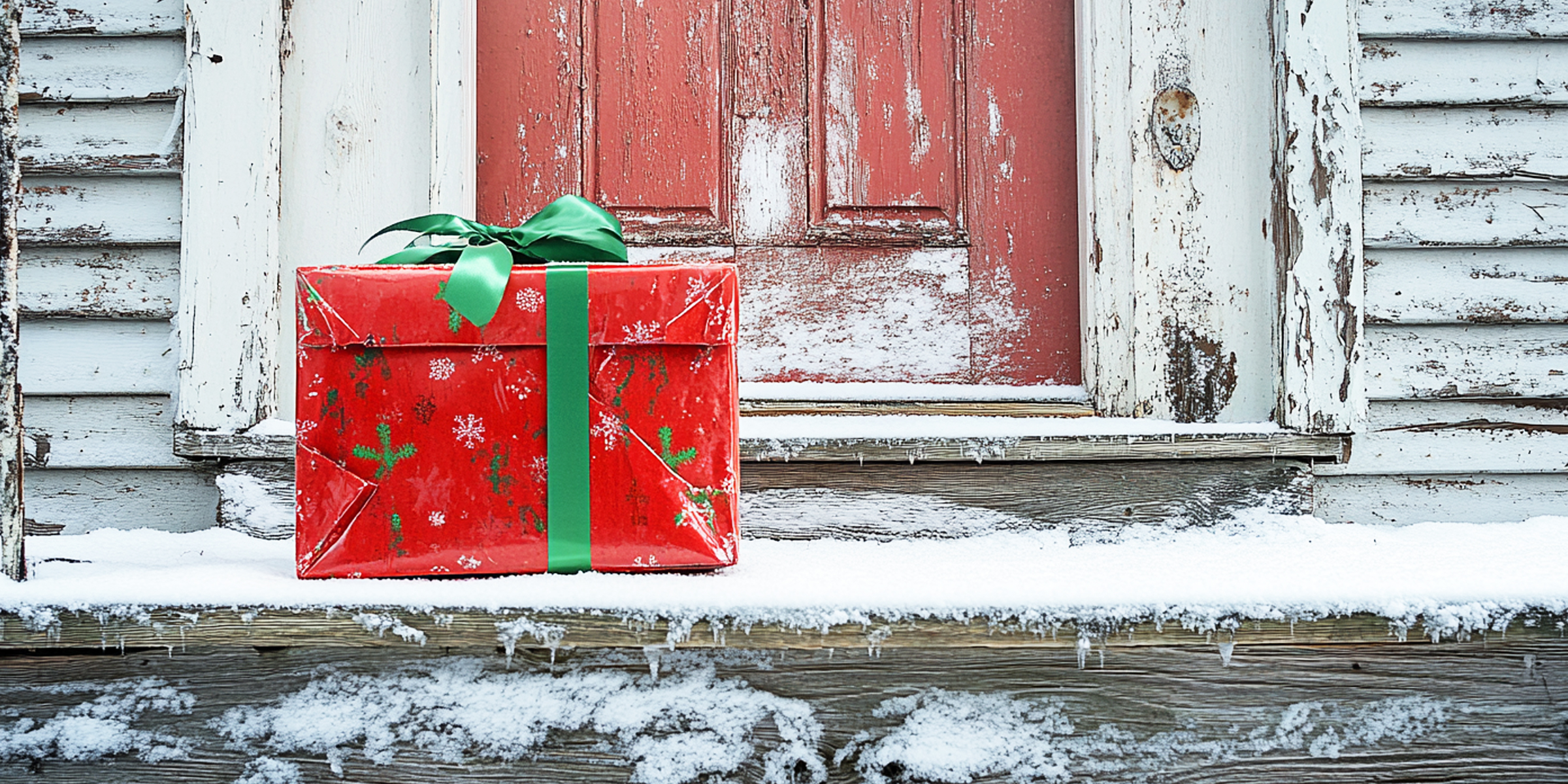 A green and red Christmas present on a doorstep | Source: AmoMama