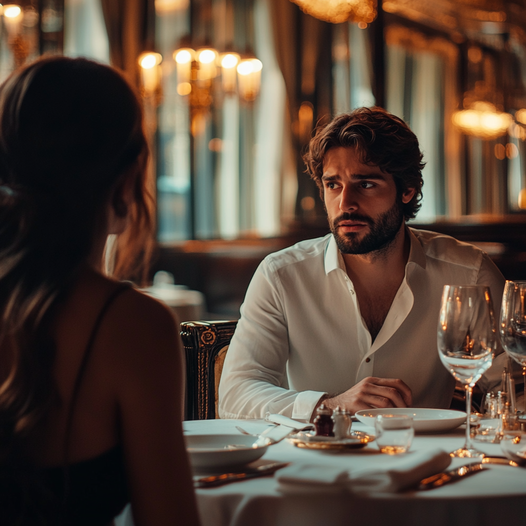 Man with a confused expression during dinner | Source: Midjourney