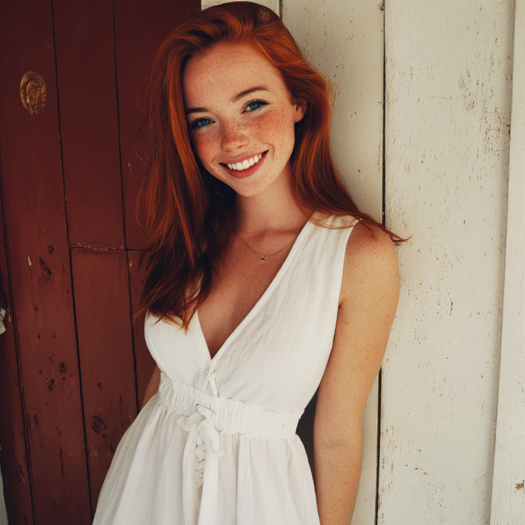 A smiling woman leaning against a door | Source: Midjourney