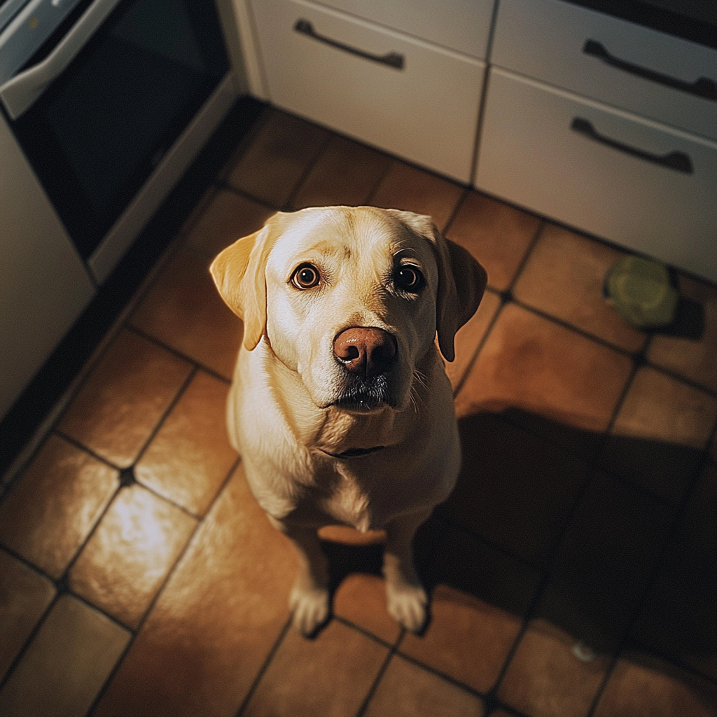 A Labrador sitting on the kitchen floor | Source: Midjourney