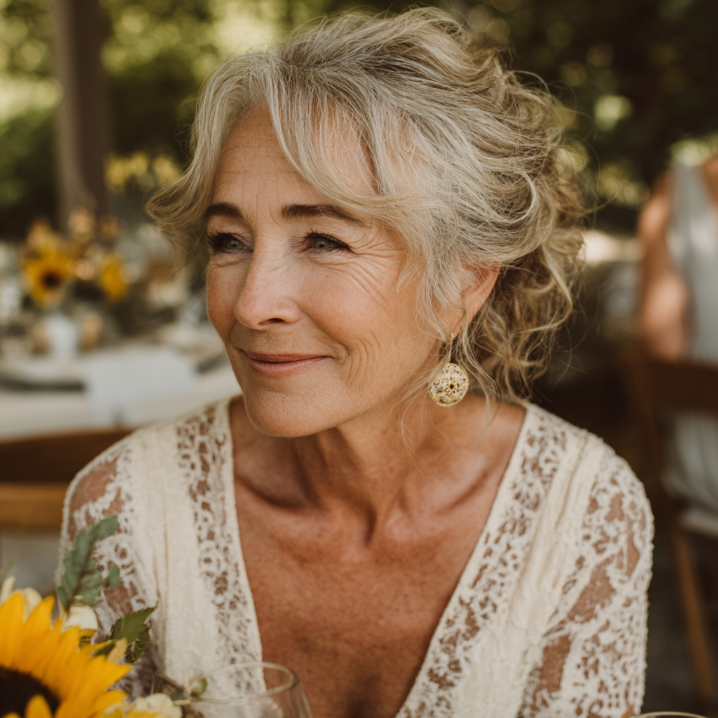 A smiling older woman at her wedding reception | Source: Midjourney