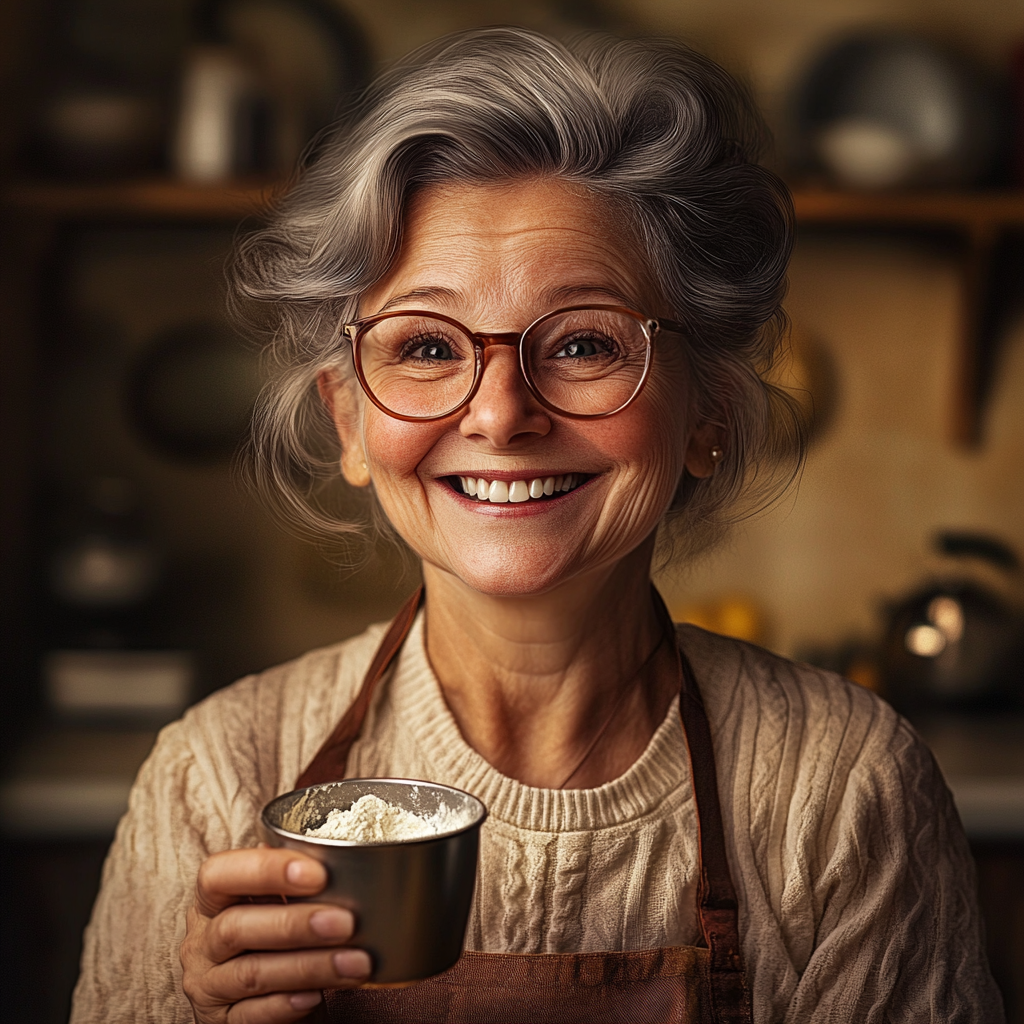 Uma senhora idosa sorridente segurando uma xícara de farinha | Fonte: Midjourney