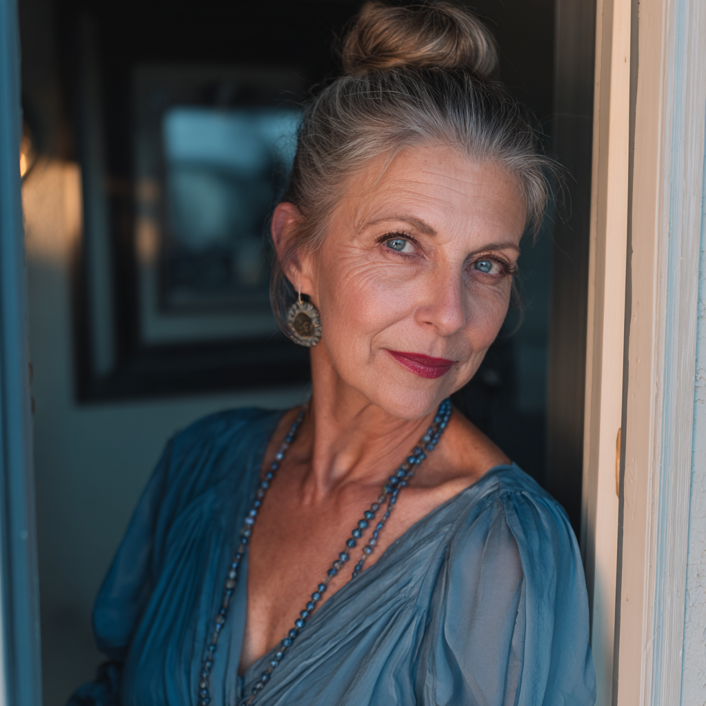 A smug older woman standing at her front door | Source: Midjourney