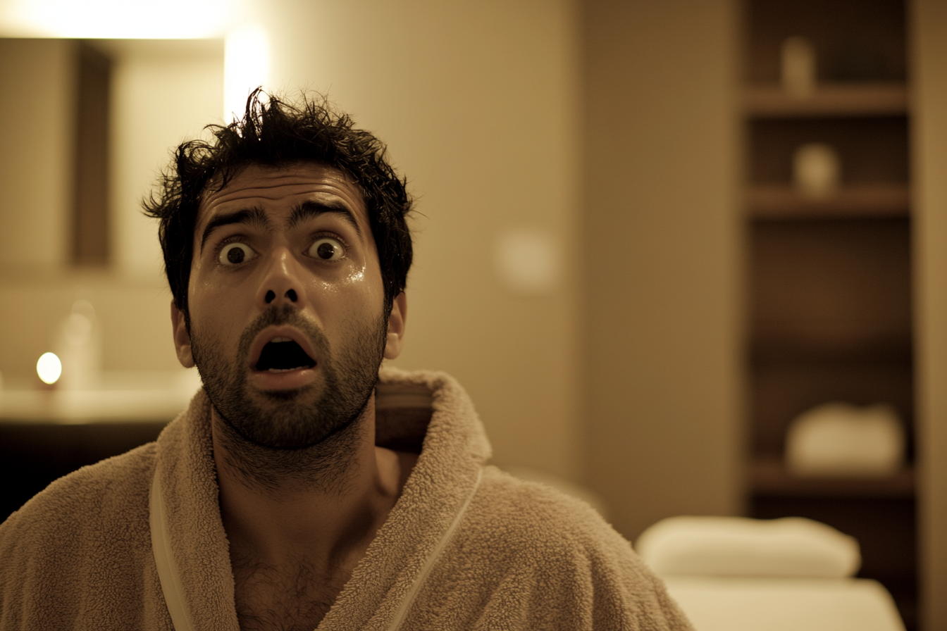 A shocked man in a spa massage room | Source: Midjourney