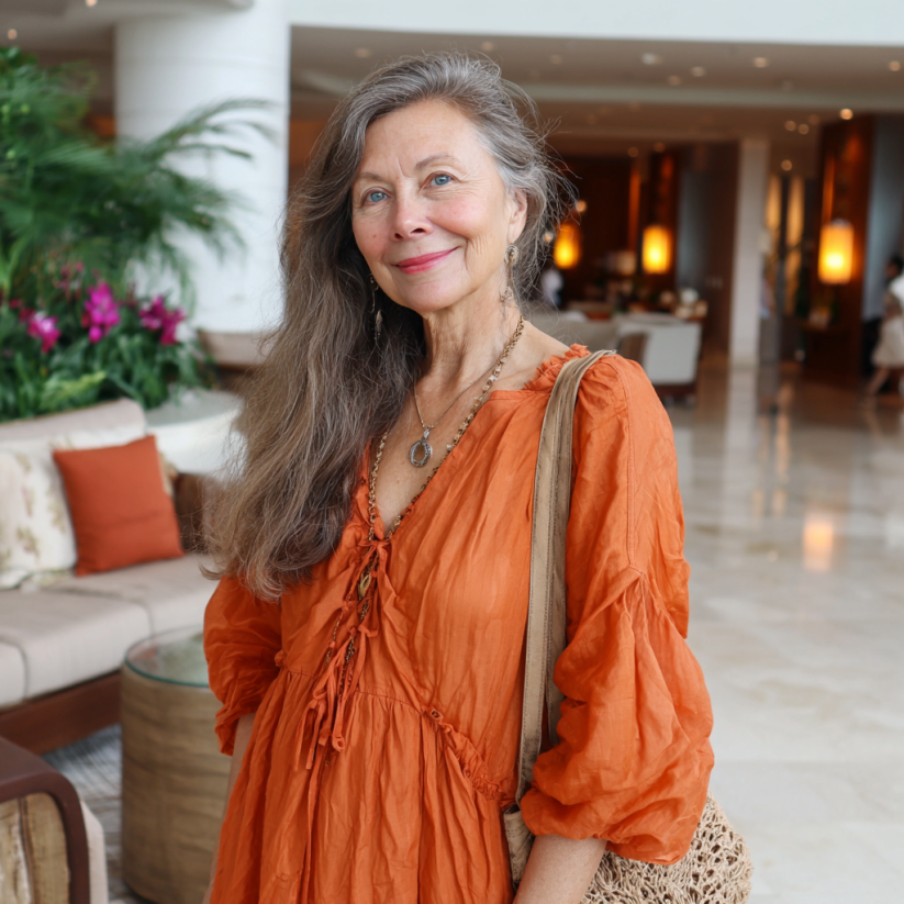 An older woman wearing a flowy orange dress | Source: Midjourney