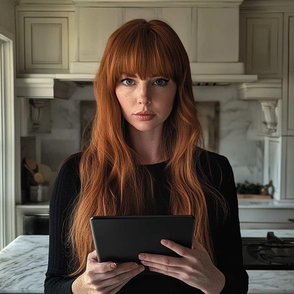 A woman using a tablet | Source: Midjourney