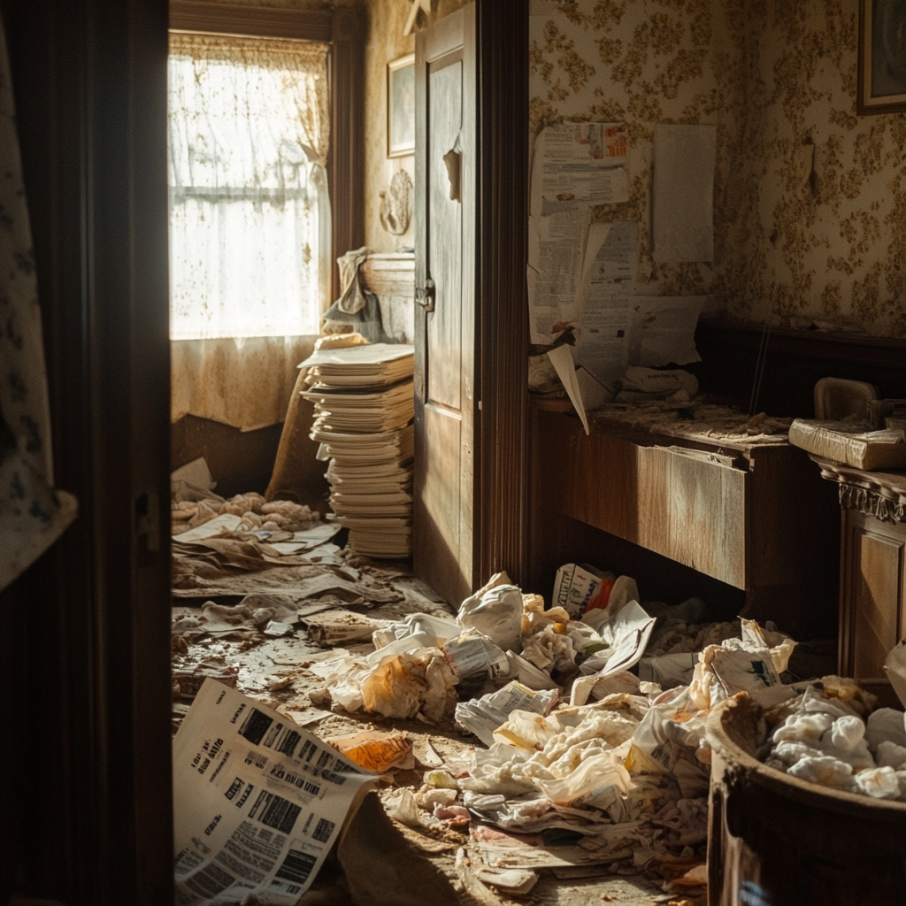 A dirty room filled with trash dumped all over the place | Source: Midjourney