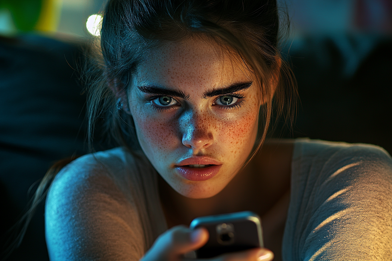 A woman looking determined while using a phone | Source: Midjourney