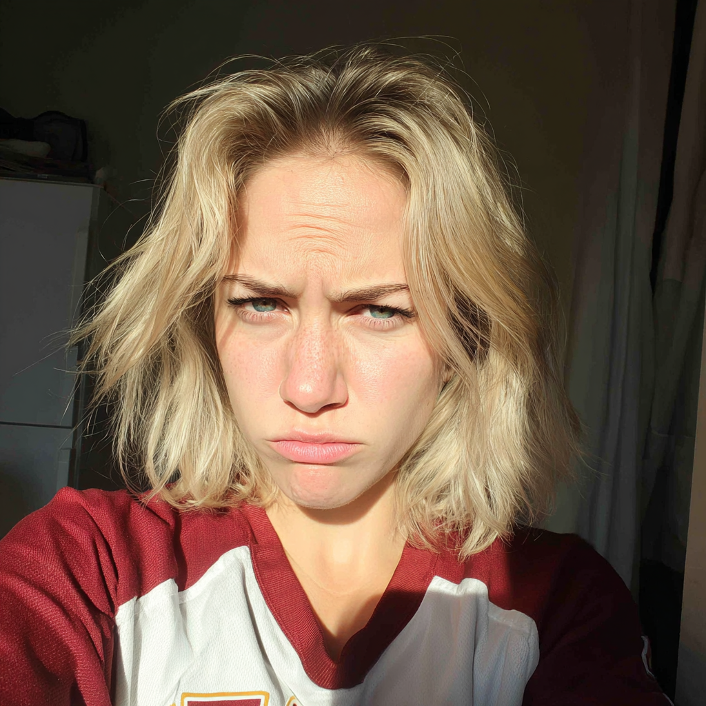 A frowning woman wearing a sports jersey | Source: Midjourney