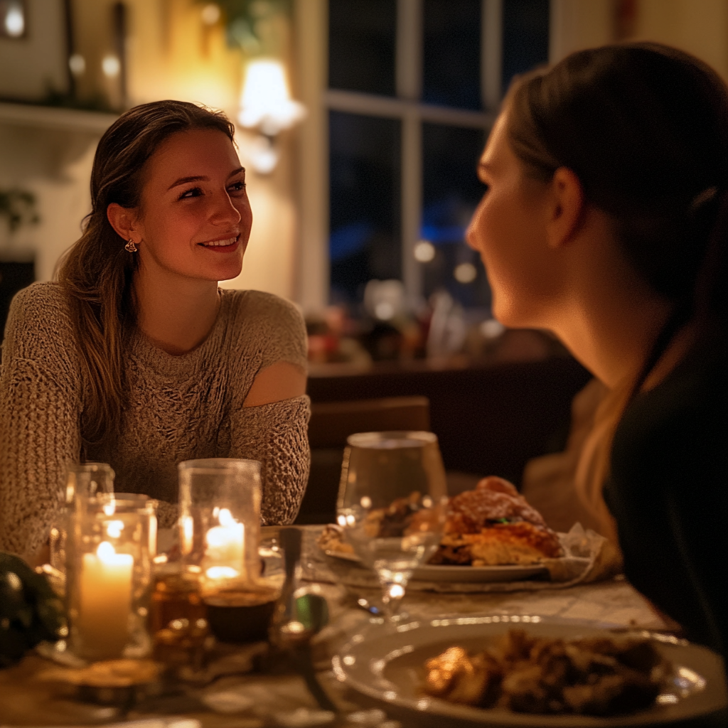 A smirking woman talking to her sister | Source: Midjourney