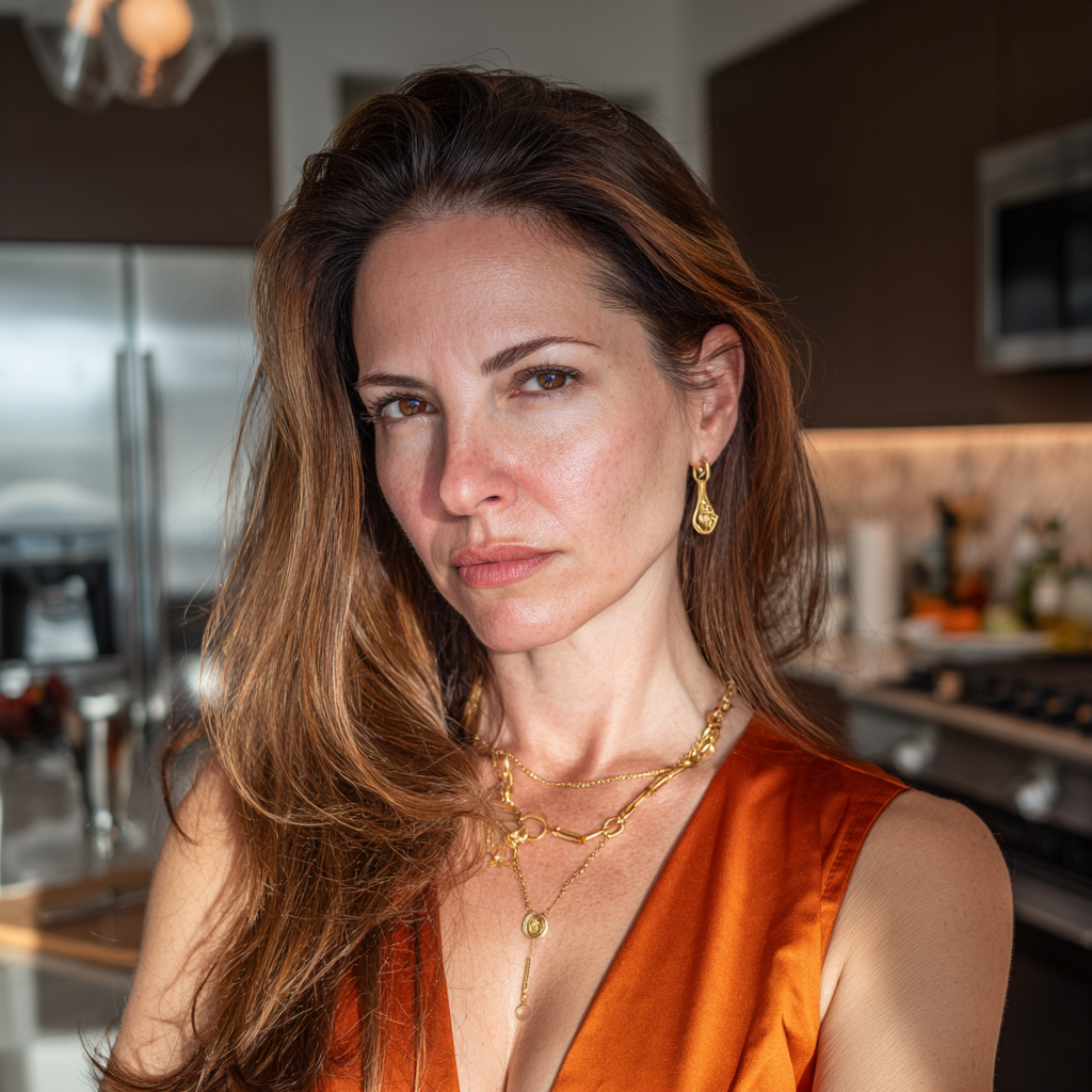 A frowning woman standing in a kitchen | Source: Midjourney